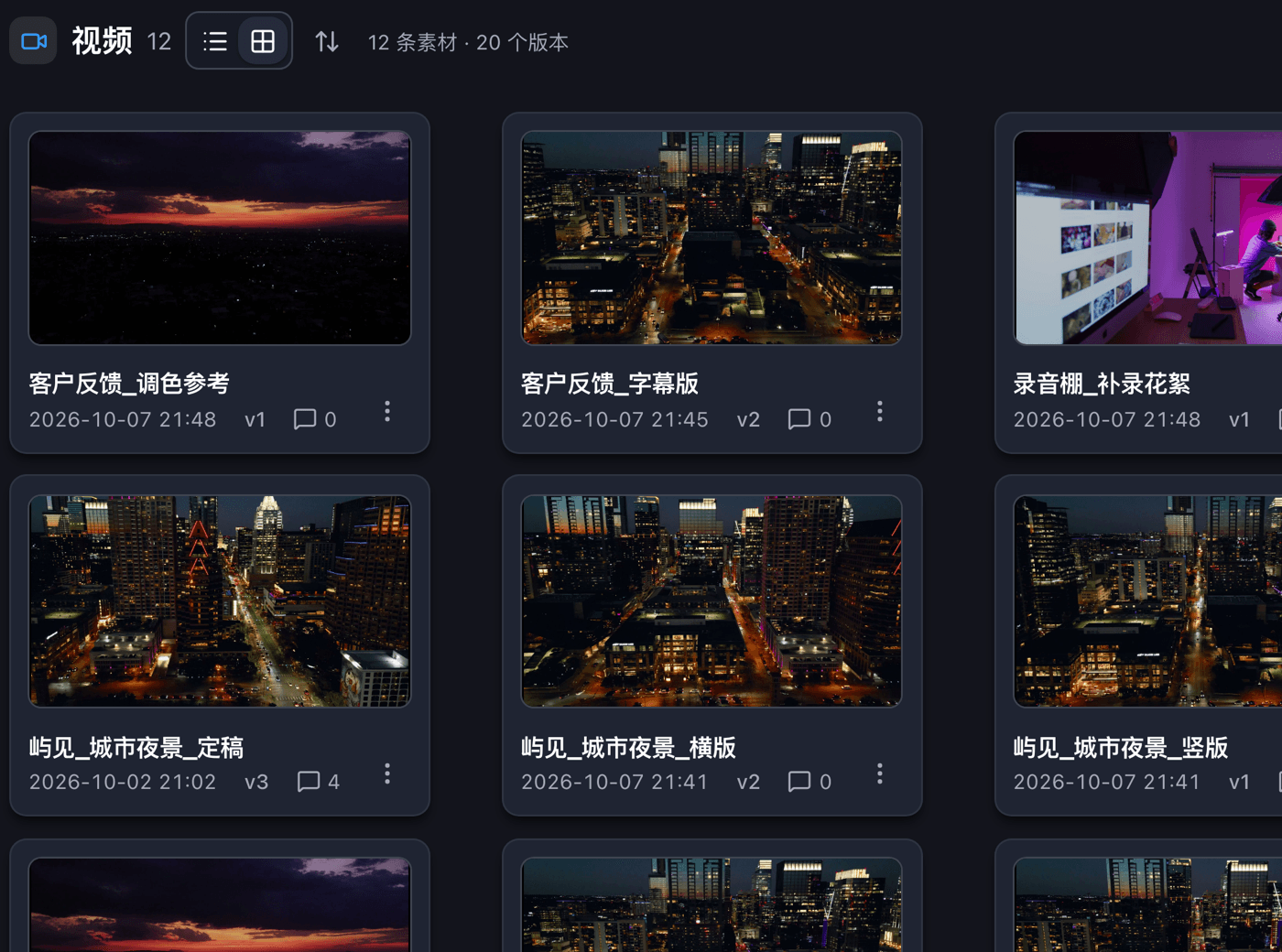 项目工作区:素材网格里 12 条素材、20 个版本,卡片上标着各自的 v1、v2、v3